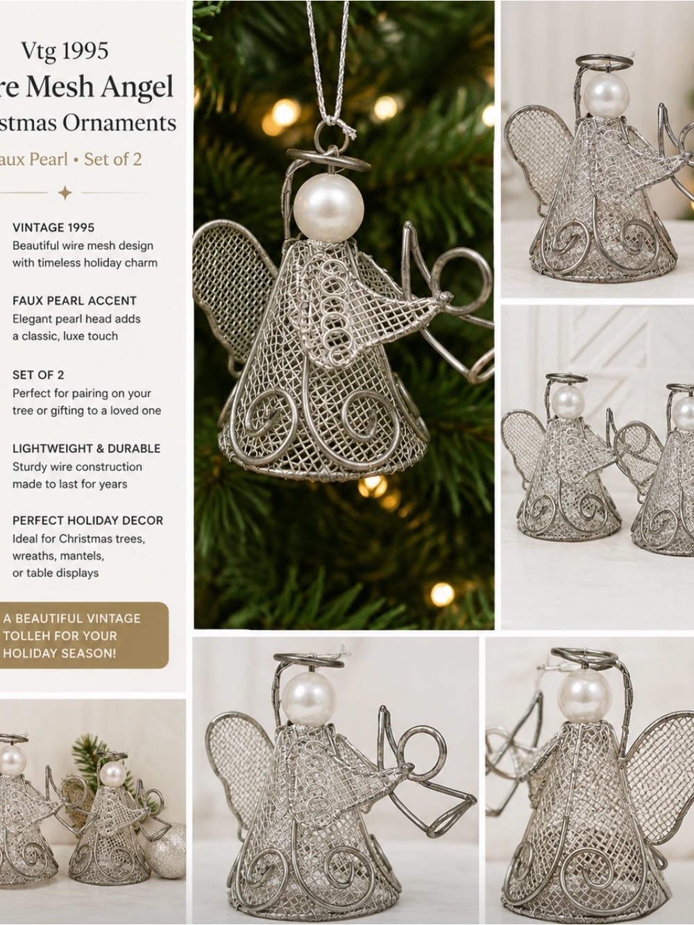 Vtg 1995 Wire Mesh Silver Angel Christmas Ornaments Faux Pearl Set of 2